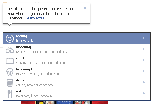 The six type of things Facebook says you can be doing in your status