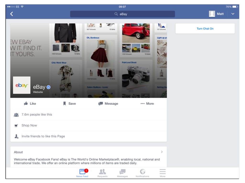 eBay facebook cover image in ipad saying "ew ebay" 