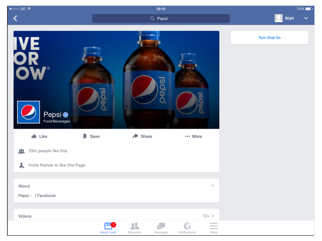 Pepsi Facebook page on an iPad saying "ive or ow"