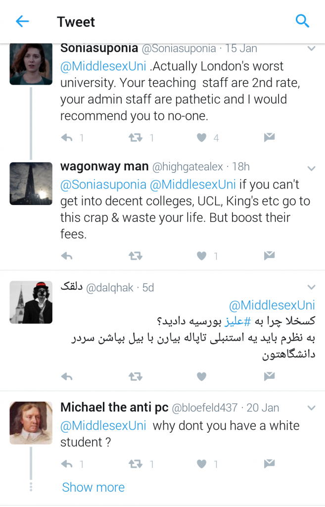 Negative replies to Middlesex University advert on Twitter