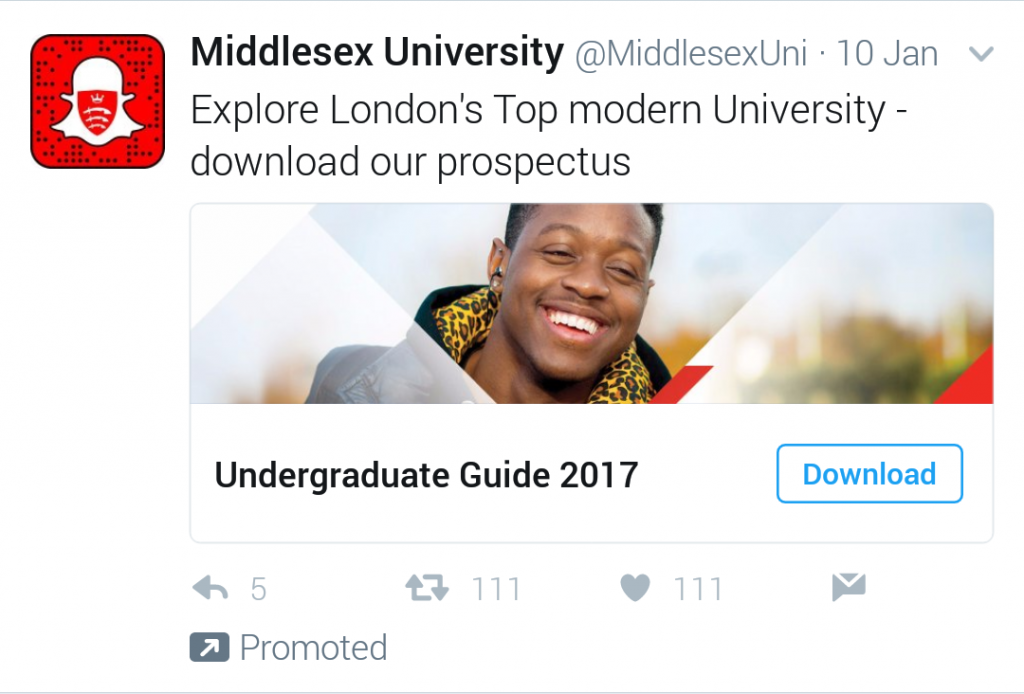 A twitter lead advert for Middlesex University