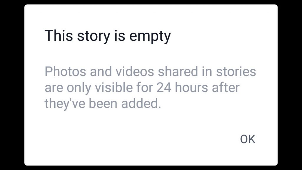 Error message showing a Facebook Story is empty