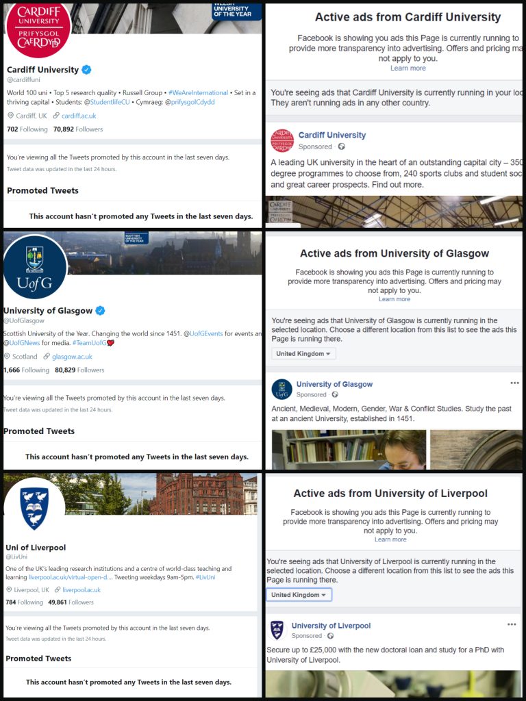 A comparison of Facebook adverts and twitter adverts showing Glasgow, Liverpool and Cardiff universities having adverts on Facebook but not Twitter