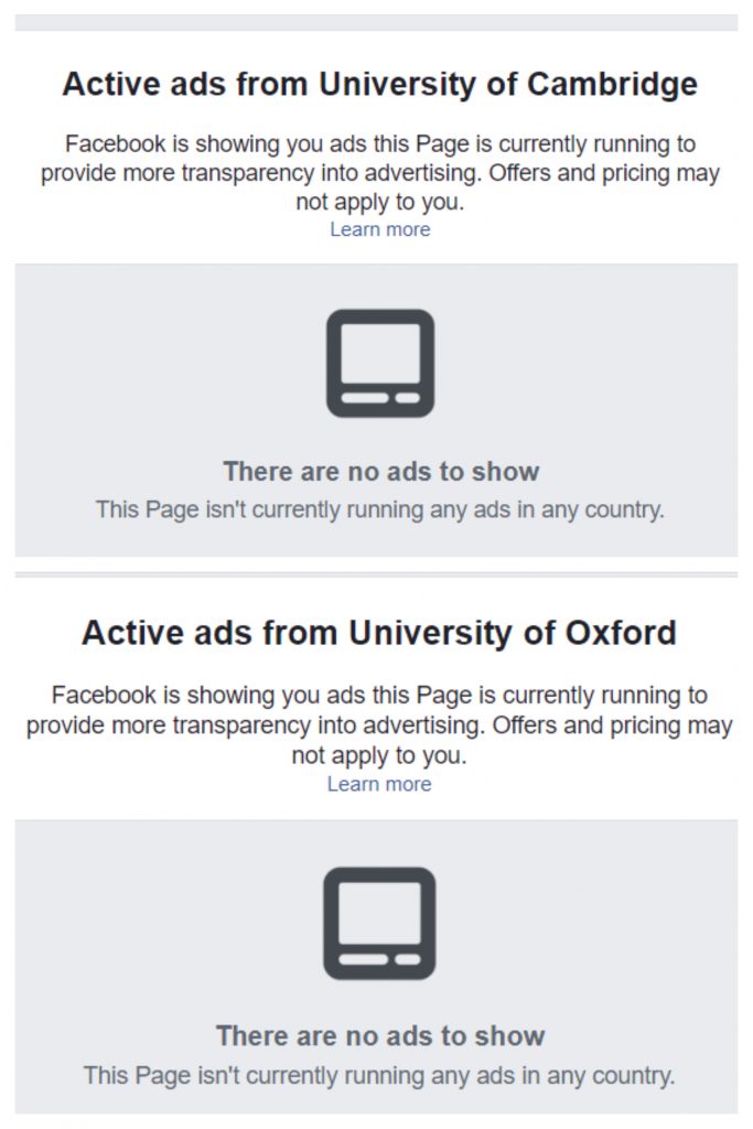 Both oxford and cambridge universities are not running adverts on Facebook