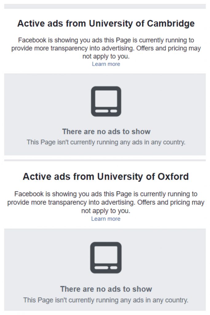 Both oxford and cambridge universities are not running adverts on Facebook