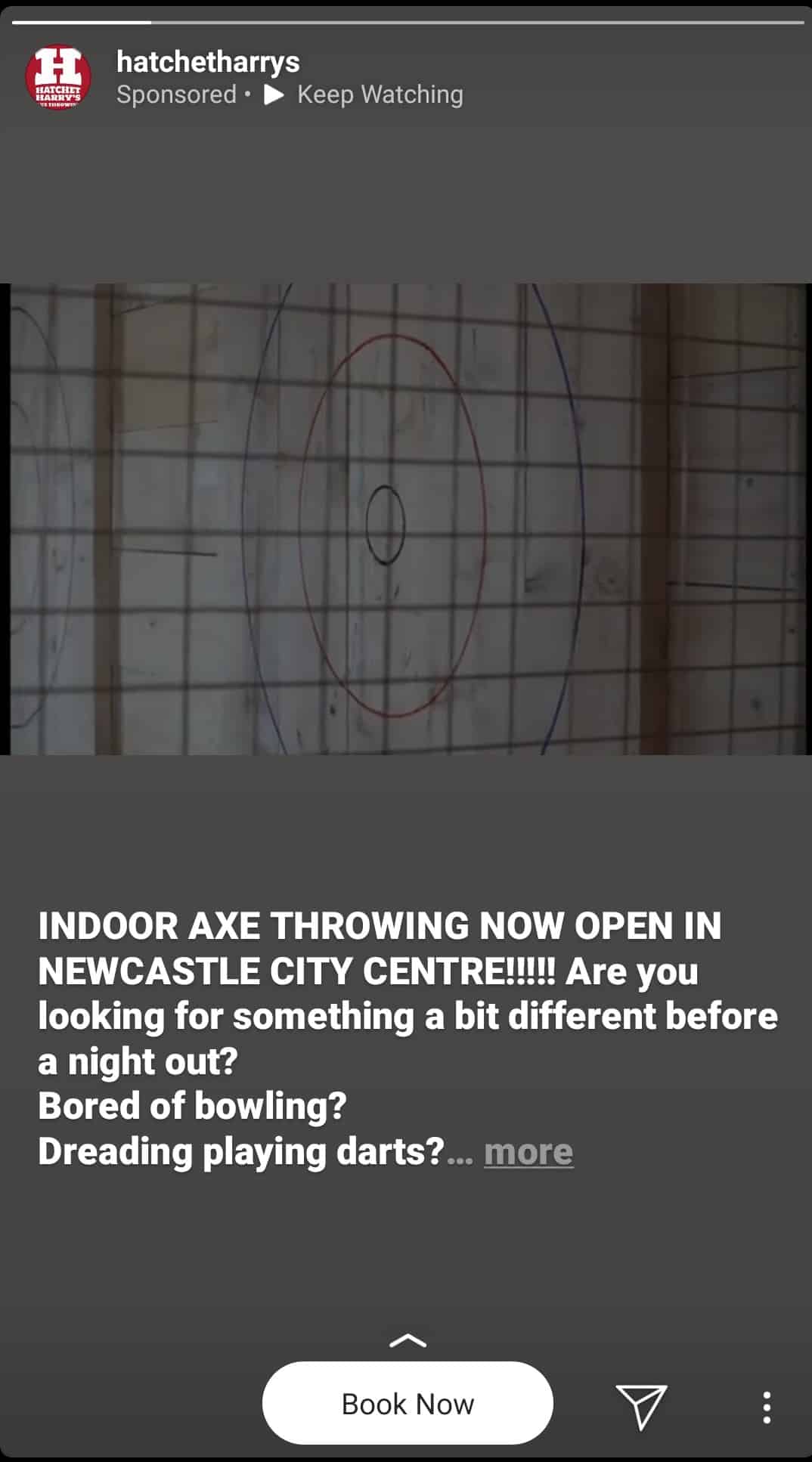 An instagram stories advert that has a small horizontal video and a lot of text that is eventually cut off at the bottom