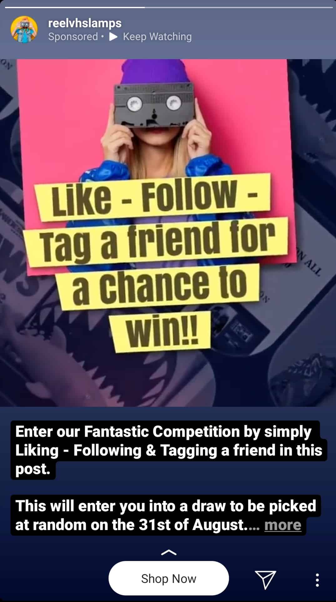 An Instagram stories advert inviting people to like, follow and tag a friend